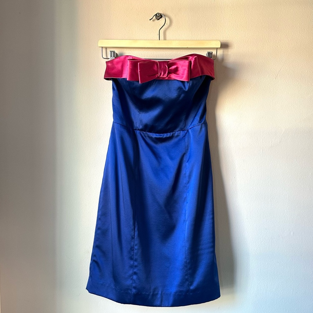 Betsey Johnson Royal Blue + Pink Bow Silk Strapless Dress Size 4 New With Tags